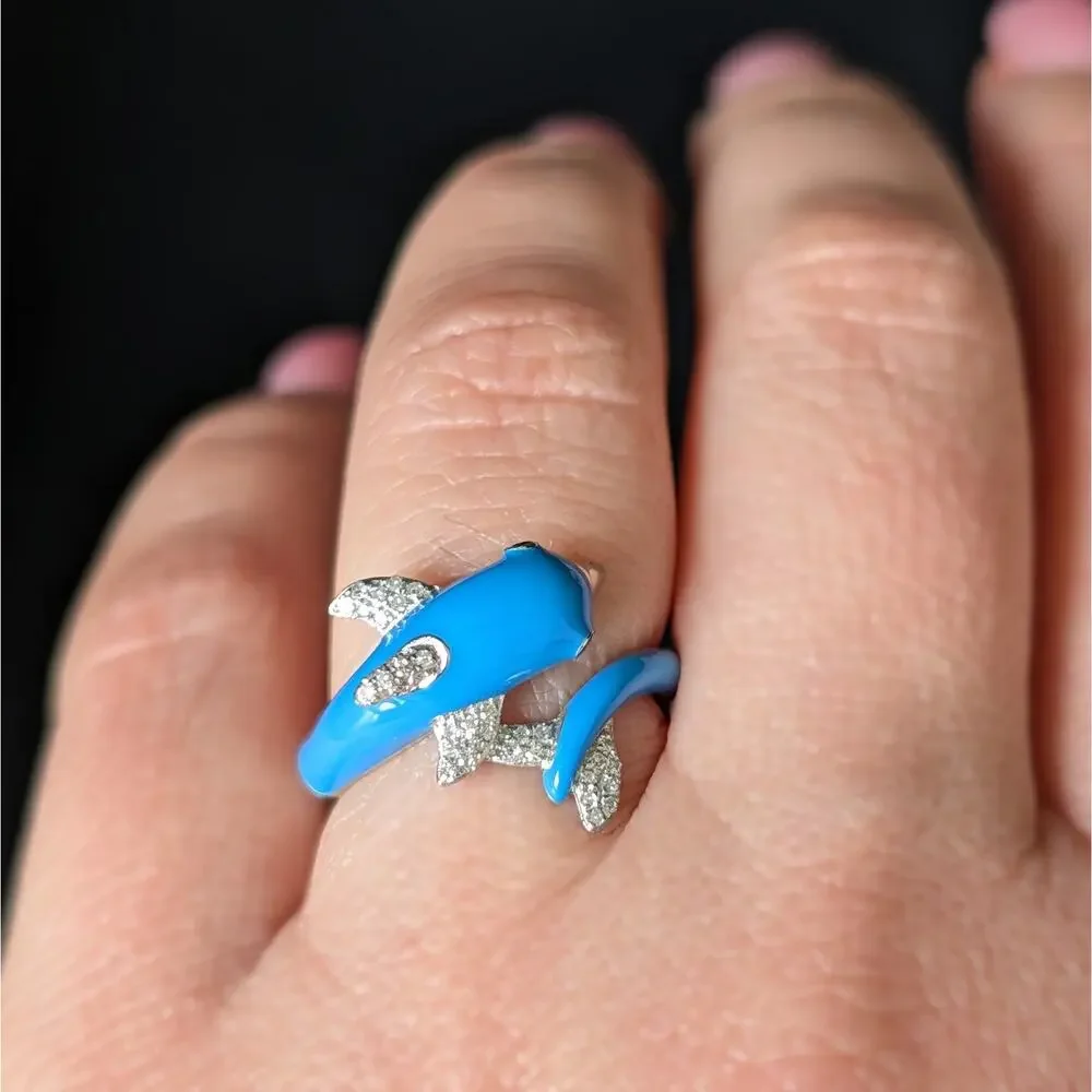 EFFY Dolphin Wrap Ring Diamonds Blue Enamel 14k White Gold New Old Stock